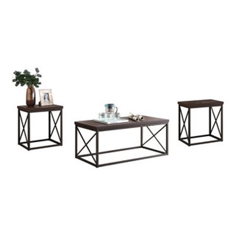 Elantra 3 Piece Coffee Table Set, Brown Wood Top And Pewter Metal Frame ... for Modern Industrial Gray Coffee Table Set With Pewter Metal Frame And Fir Wood Top